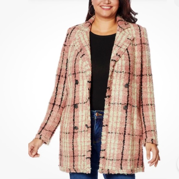 NWOT - G By Giuliana Bouclé Tweed Pink Plaid  Double Breasted Blazer - Size L - Picture 1 of 7